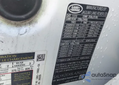 2020 Land Rover Range Rover Velar P250 R-Dynamic S z USA, uszkodzony, nr VIN SALYK2EX8LA262225